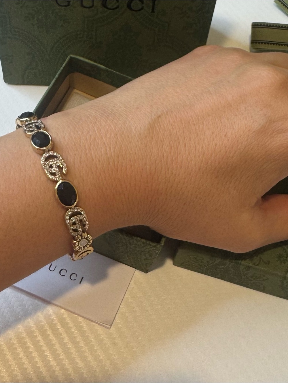 Gucci Silver-Tone Bracelet with Black Stones